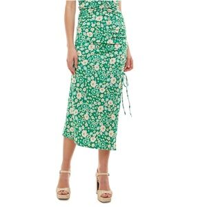 WAYF Skirt Squeeze Ruched Midi Floral Green Sz Medium